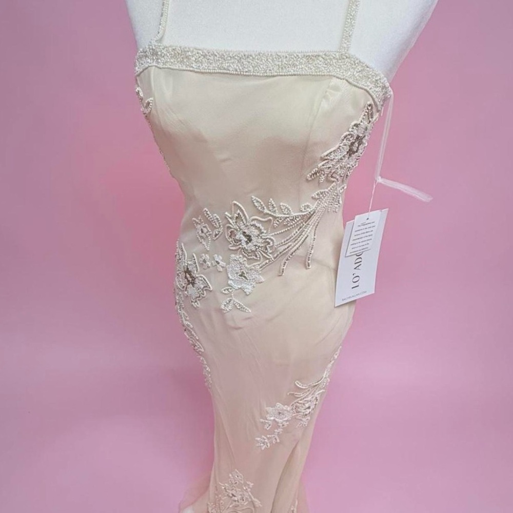 Lo Adoro Elegant Champagne/Sand Colored Embroidered Spaghetti-Strap Gown - Picture 7 of 10